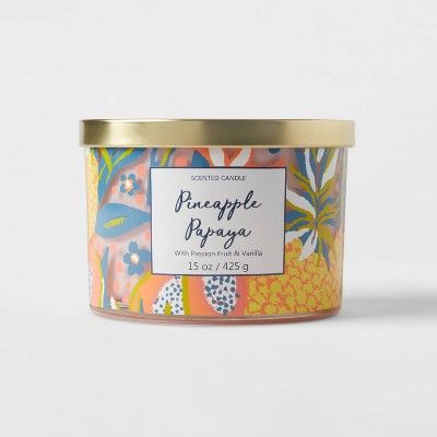 15oz Lidded Glass Jar Front Label Tropical Fruit Print 3-Wick Pineapple Papaya Candle - Opalhouse... | Target