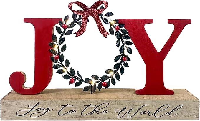 HOMirable Christmas Decor Indoor Joy Sign with Wreath for O, LED Lighted Rustic Tabletop, Bowknot... | Amazon (US)