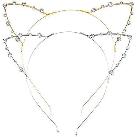 DRESHOW 2 Pack Golden Rhinestone Cat Ears Women Cosplay Fashion Headband Hair Accessories | Amazon (US)