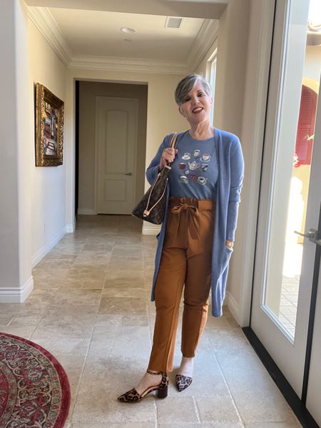 Fall look with a graphic tee and a cardigan and the cutest ON SALE @amazonfashion) brown paper bag waist pants (S)

#LTKunder50 #LTKSeasonal #LTKworkwear