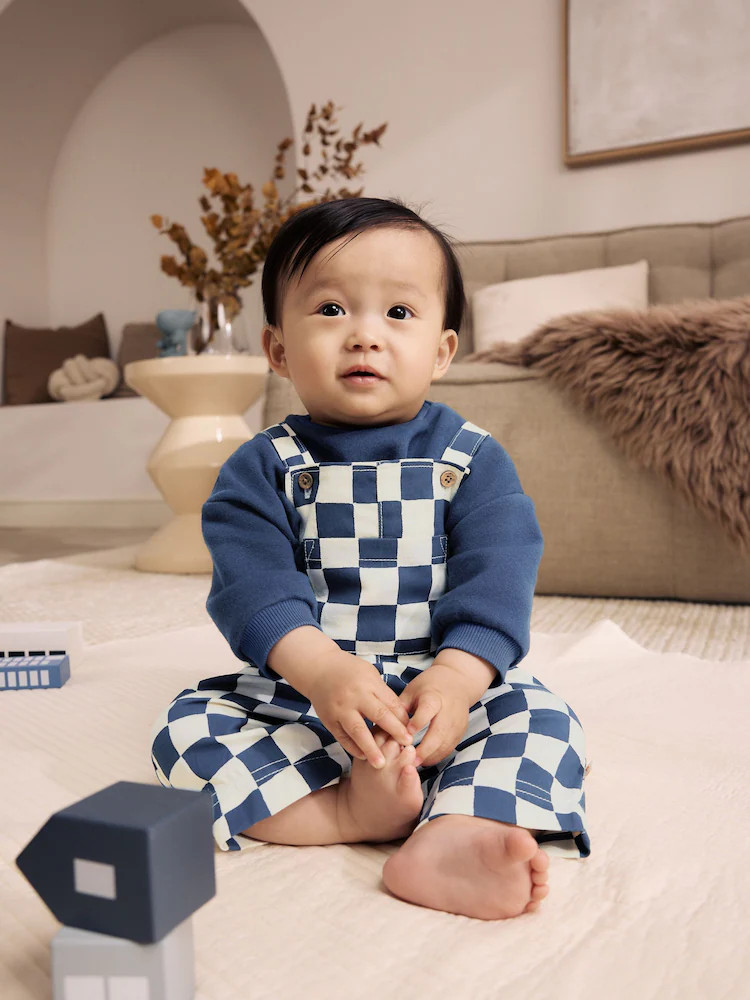 Navy Blue Checkerboard Baby Twill Dungarees and Bodysuit Set (0mths-2yrs) | Next EU