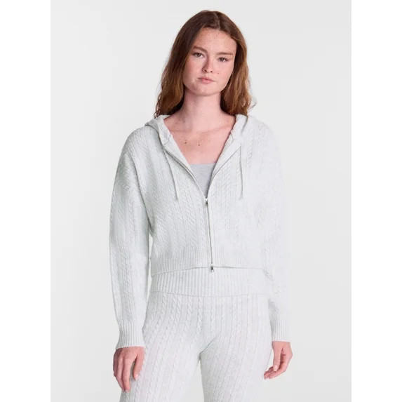 No Boundaries Cable Knit Zip Up Sweater with Hood, Women's XXS-XXL | Walmart (US)