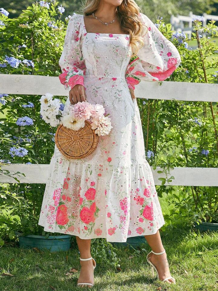 SHEIN WYWH Embroidered Hollowed-Out Positioned Flower Patchwork Ruffle Square Neck Romantic Dress | SHEIN