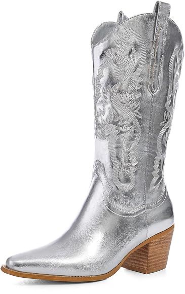 ErikenUrben Embroidered Metallic Cowboy Boots for Women Stitching Western Boots Stacked Heel Mid ... | Amazon (US)