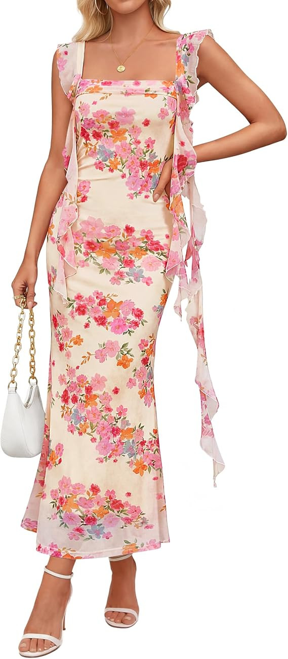 ZESICA Women's Summer Sleeveless Floral Maxi Dress 2026 Square Neck Bodycon Mesh Wedding Guest Be... | Amazon (US)