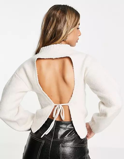 Fashion Union high neck balloon sleeve sweater with open back | ASOS (Global)