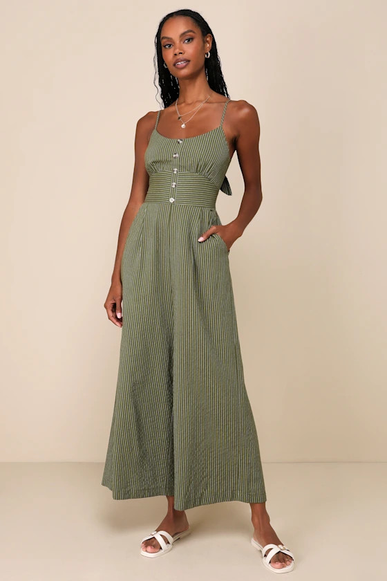 Coastal Air Olive Green Striped Tie-Back Culotte Jumpsuit | Lulus