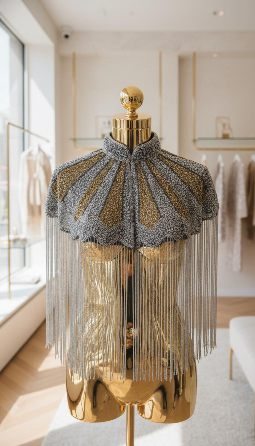 Luxury Women’s Silver & Gold Beaded Fringe Cape / Capelet – Sunburst Embroidery, High Collar,... | Etsy (US)