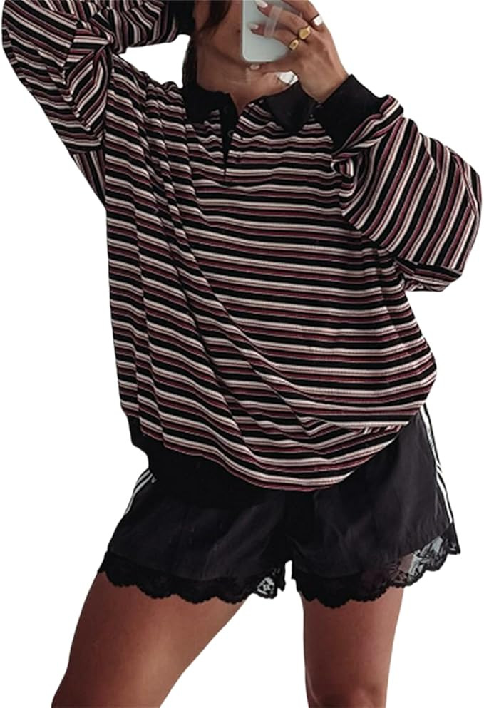 Y2k Women Striped Oversized Rugby Shirts Teen Girls Vintage Polo Sweatshirt Long Sleeve Button do... | Amazon (US)