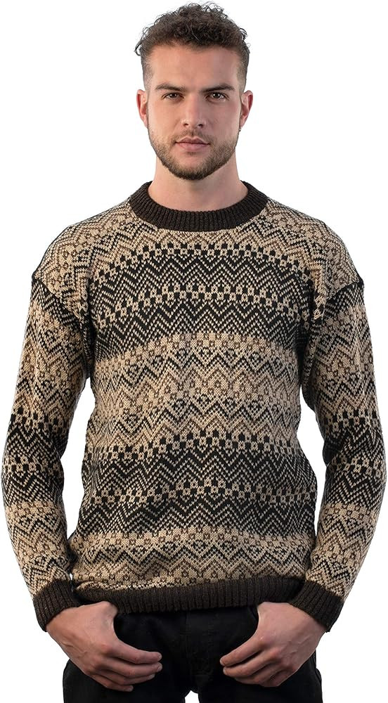 Men's Crewneck Fair Isle Alpaca Sweater in Brown Tones Lavaredo | Amazon (US)