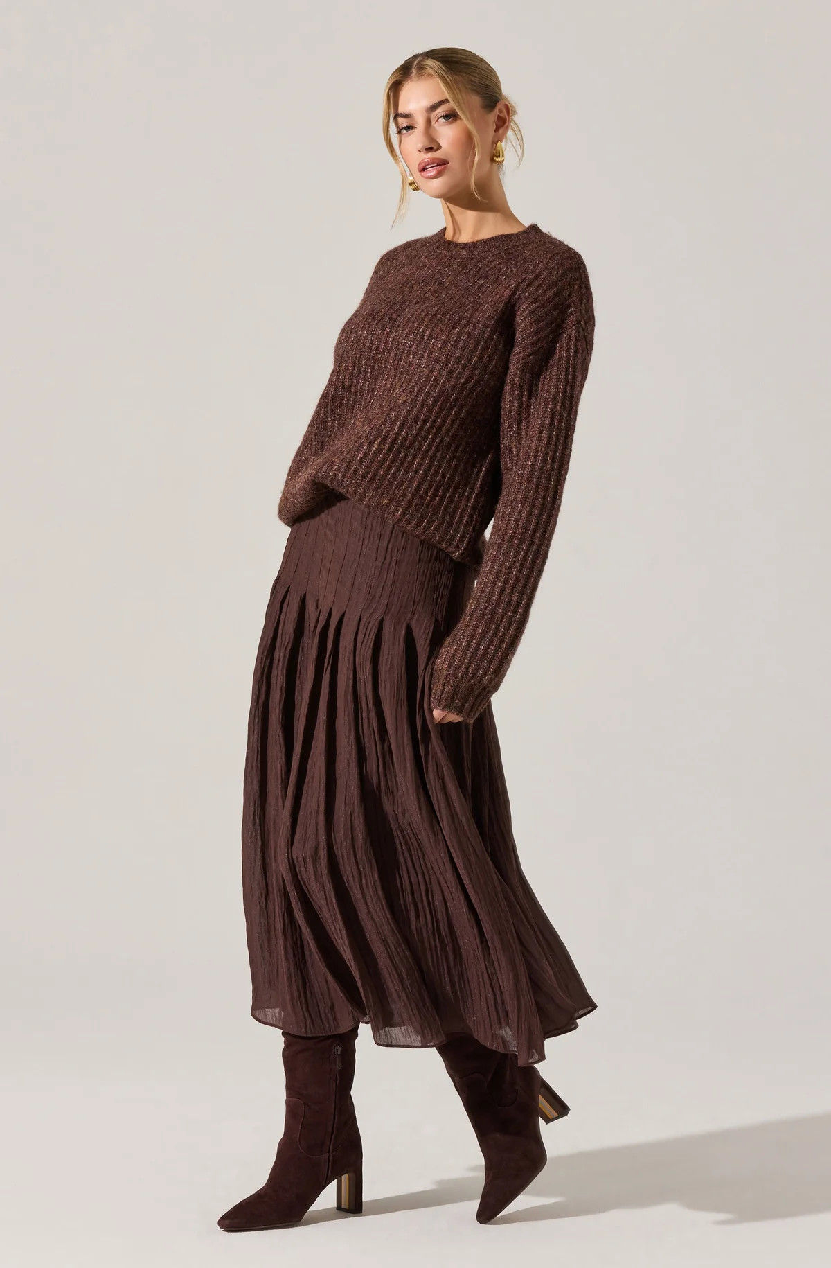 Daivini Pleated Crinkle Midi Skirt - Brown / XS | ASTR The Label (US)