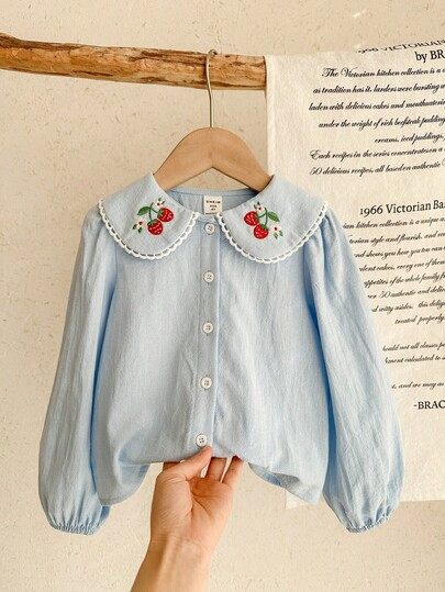 LMoss Kids Young Girl Woven Solid Color Peter Pan Collar Embroidered Casual Shirt | SHEIN