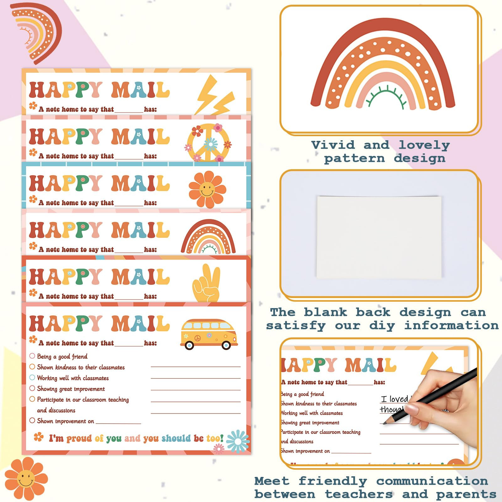 60 Pcs Retro Groovy Happy Mail Teacher Notes to Parents Classroom Good Behavior Incentive Motivat... | Amazon (US)