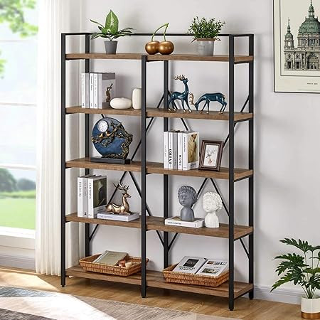 FATORRI Industrial Bookshelf 5 Tier, Rustic Wood Etagere Bookcase, Metal Tall Book Shelf with Ope... | Amazon (US)