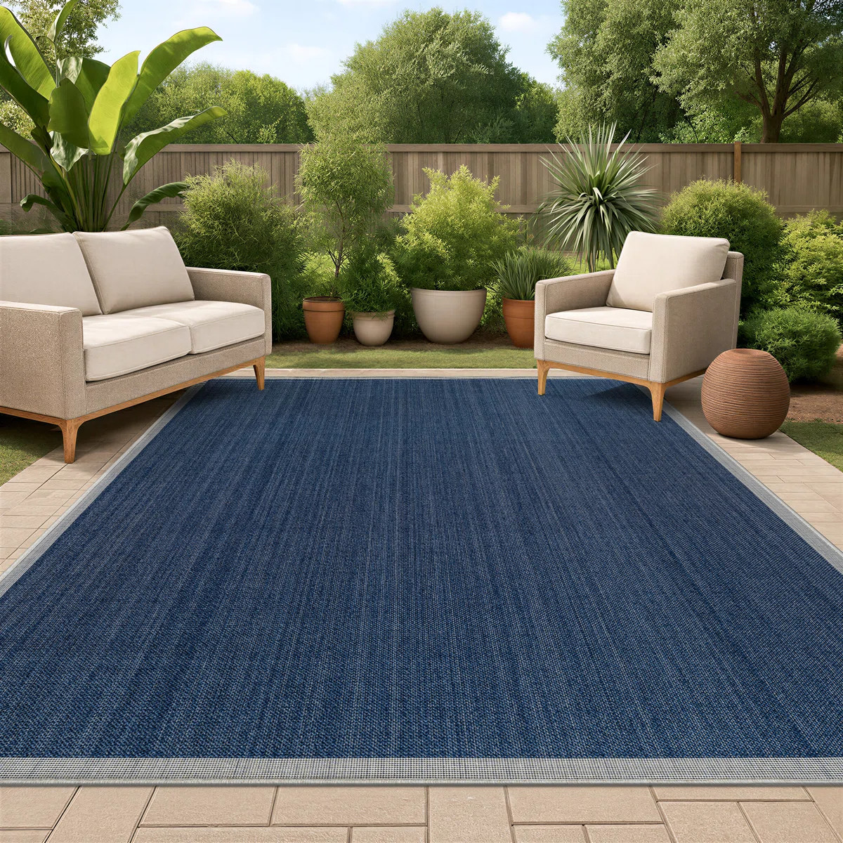 Border Navy/Ivory Easy-Care Jute-Style Indoor/Outdoor Flat Woven Area Rug | Wayfair North America