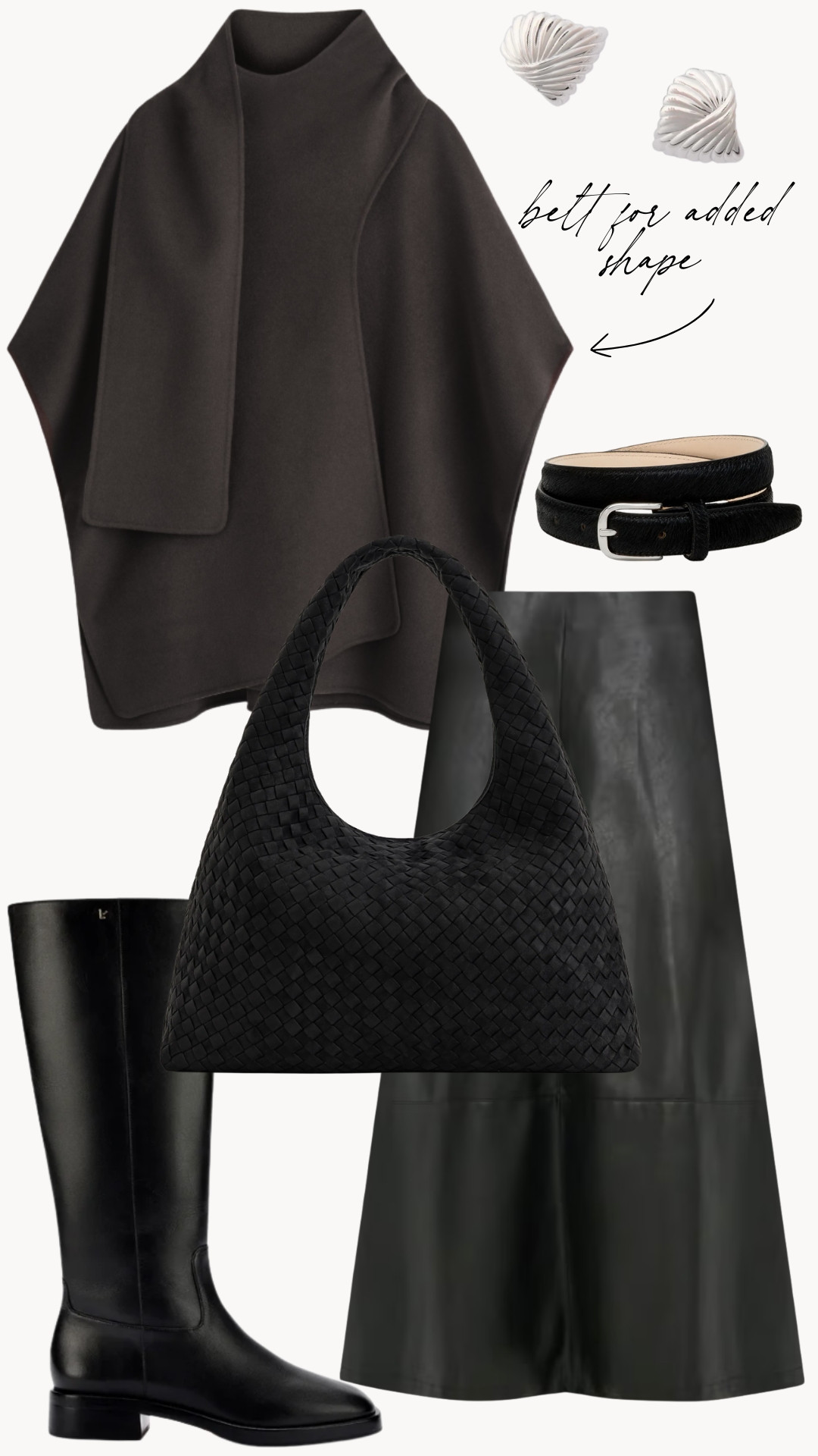 Elevated everyday chic in a cape (in my closet, belted for added shape), classic leather skirt, and flat tall boots. This is a great day to night look! 

 #LTKSeasonal