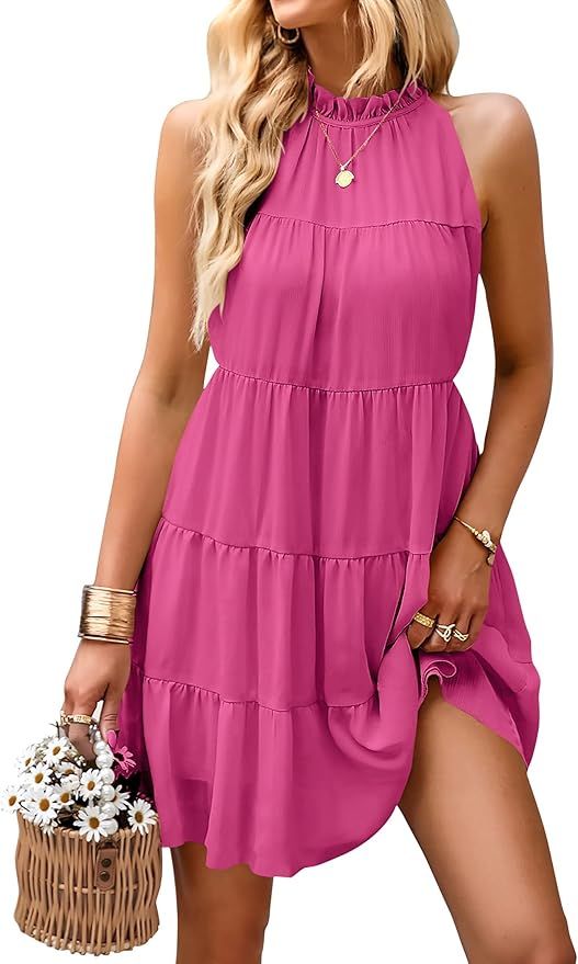 KIRUNDO Womens Summer Halter Sleeveless Mini Dress Flowy Swing Tiered Pleated Babydoll Dress Tank... | Amazon (US)