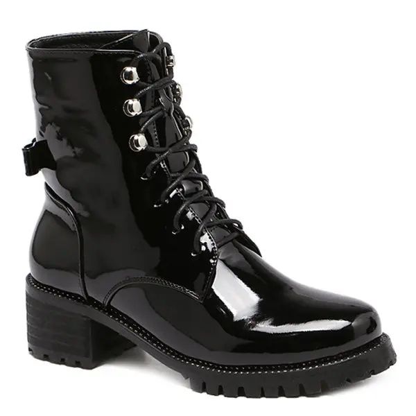 Chunky Heel Patent Leather Combat Boots | Rosegal US