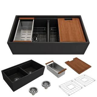 BOCCHI Step-Rim Matte Black Fireclay 36 in. Double Bowl Farmhouse Apron Front Workstation Kitchen... | The Home Depot