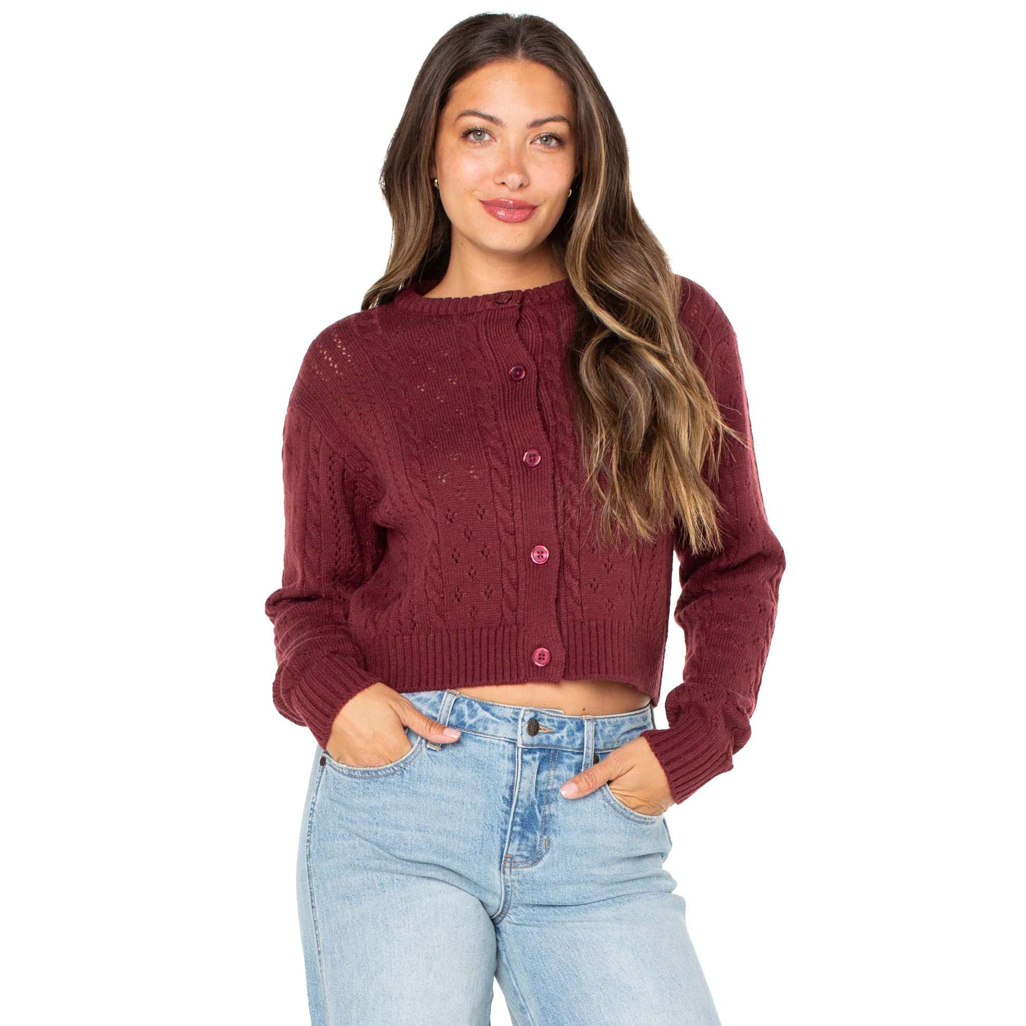 Celebrity Pink Women's Pointelle Crewneck Cardigan Sweater, Sizes XS-XXXL | Walmart (US)