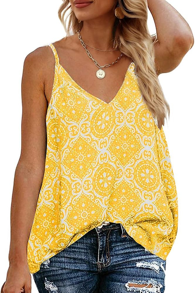 TECREW Women's Boho Floral V Neck Spaghetti Straps Tank Top Summer Sleeveless Shirts Blouse | Amazon (US)