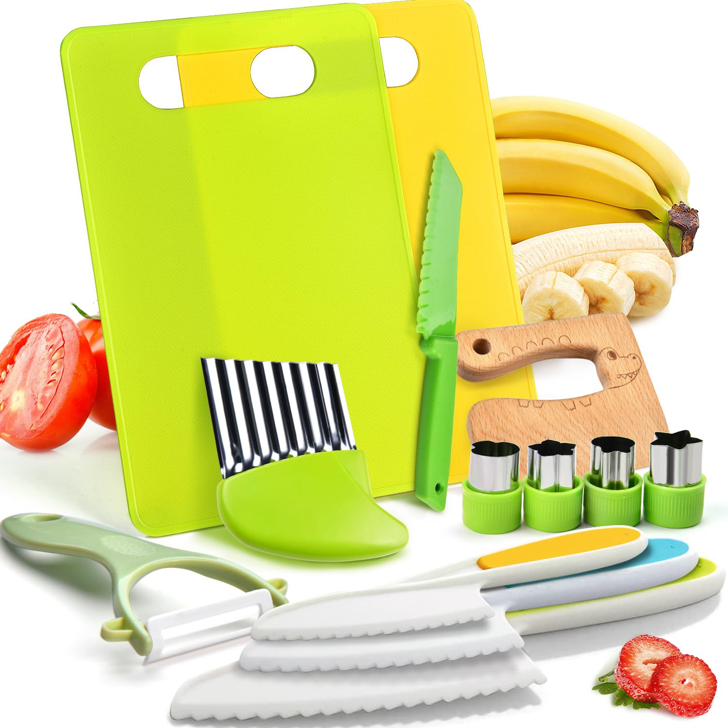 Montessori Kitchen Tools,13Pcs Toddler Knife Set Kids Knife Set for Real Cooking-Kids Kitchen Tools Set Include Toddler Knives Cutting Boards Sandwich Cutters Peeler for Toddler Birthday Gift | Amazon (US)