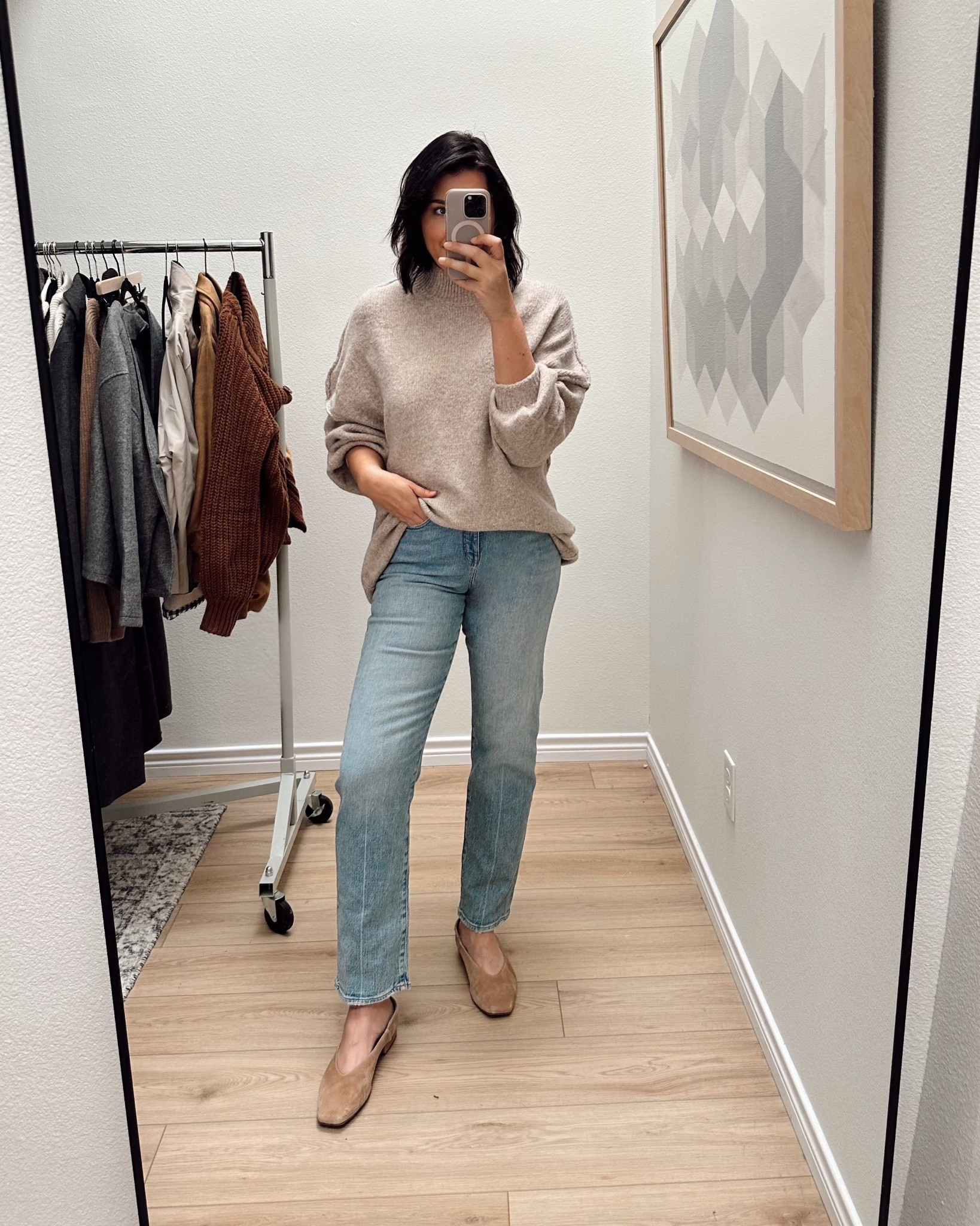 Found my Thanksgiving week sweater! It’s like a really soft blanket 😂 I’m in the M and it runs BIG!! Tunic length, I just have it tucked here. 

I’m in the 30 of the jeans.