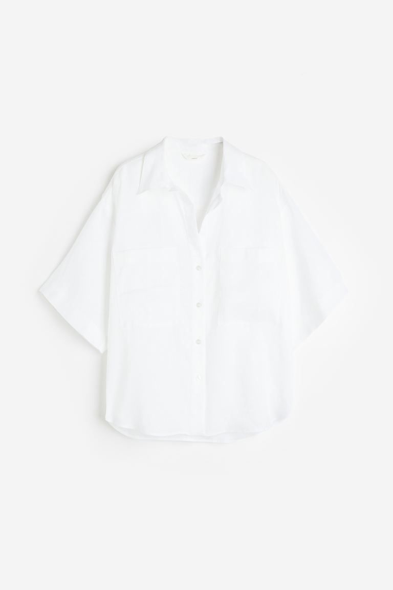 Linen shirt - Short sleeve - Regular length - White - Ladies | H&M GB | H&M (UK, MY, IN, SG, PH, TW, HK)