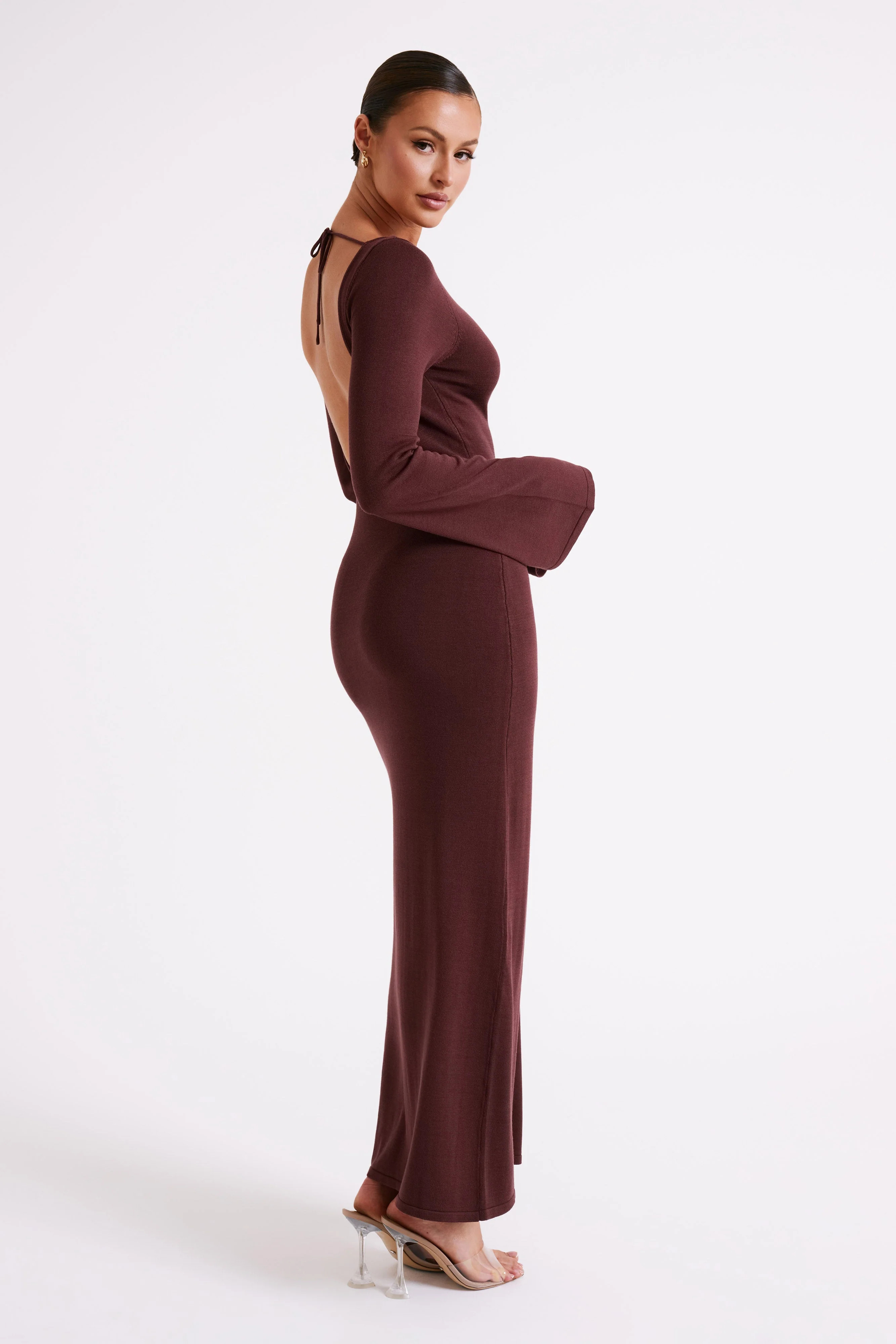 Marleigh Flare Sleeve Knit Maxi Dress - Dark Chocolate | MESHKI US
