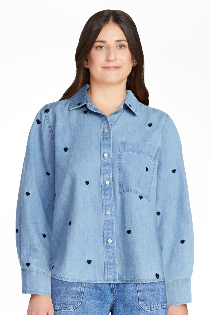 Free Assembly Women's and Women’s Plus Embroidered Hearts Denim Shirt with Long Sleeves, Sizes ... | Walmart (US)