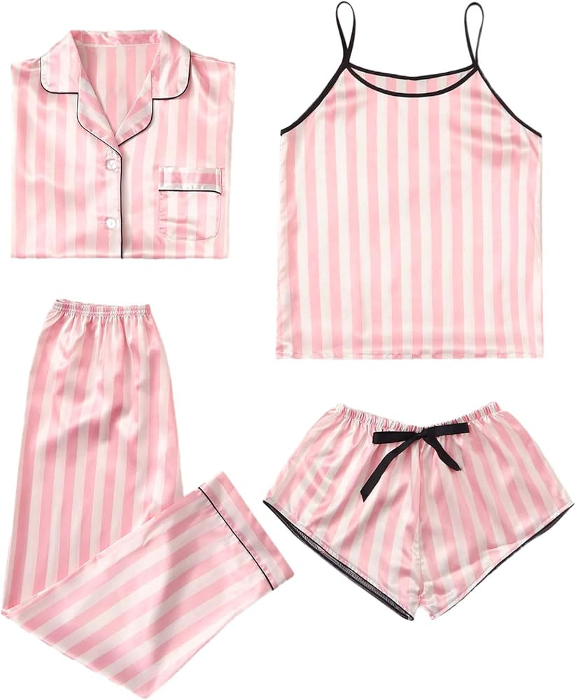 WDIRARA Women's Sleepwear 4pcs Satin Cami with Shirt Pajama Set | Amazon (US)