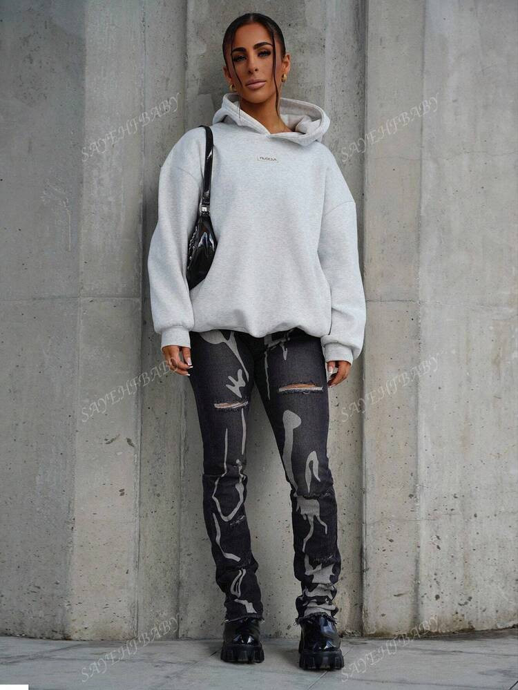 SAYEHFBABY Women Sexy Stretchy Slim Fit Flared Jeans With Holes And Print, Dark Grey | SHEIN