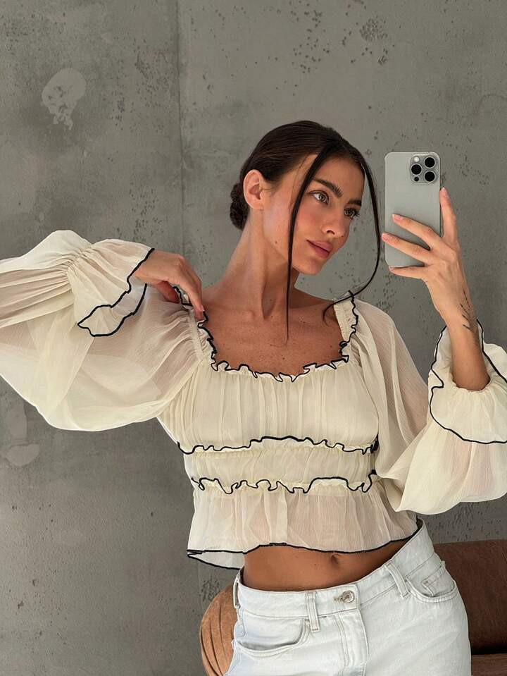 Aloruh Blouse Femme À Manches Longues Bouffantes, Col Contrasté, Ourlet Fendu Par Couches, Pour Rendez-Vous Romantique, Couleur Abricot | SHEIN