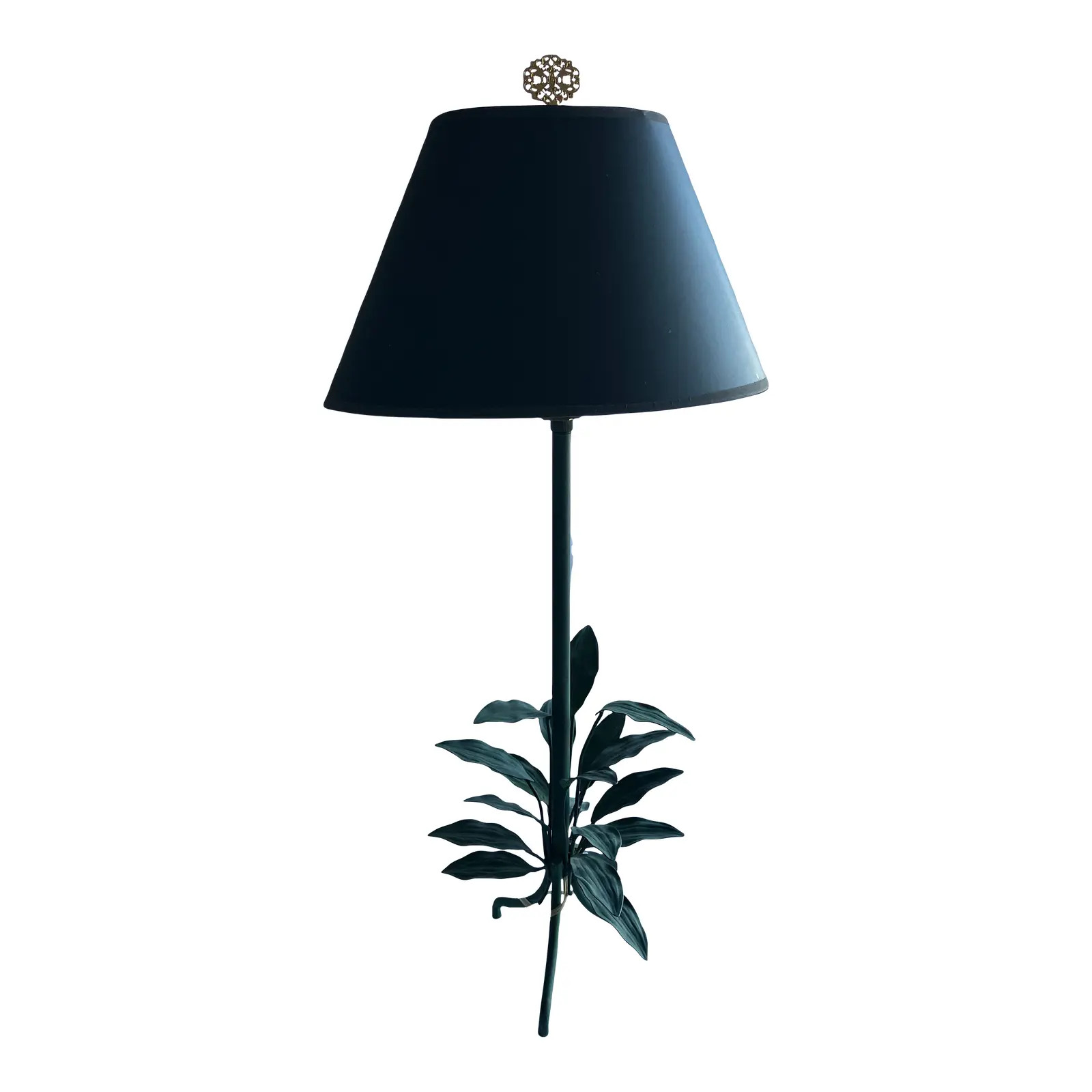 Vintage Dark Green Metal Leaf Style Table Lamp With Black Paper Shade | Chairish