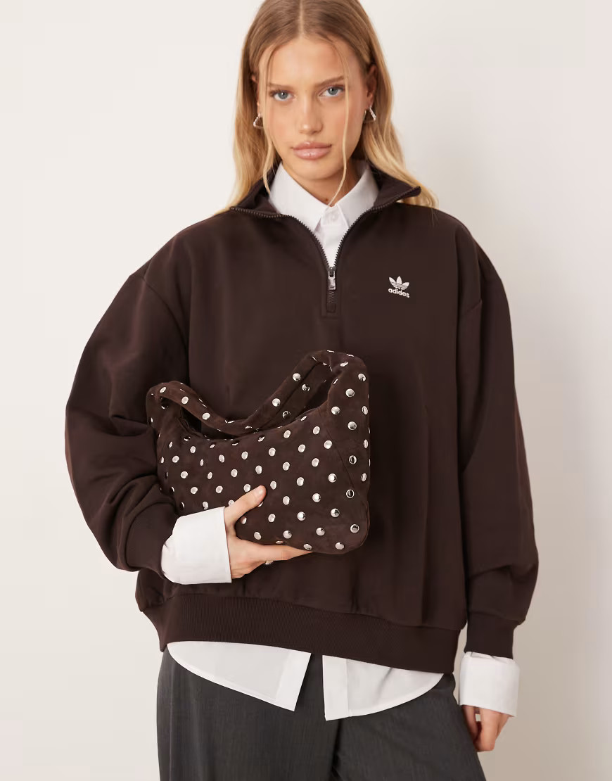 Mango studded 100% suede shoulder bag in chocolate-Brown | ASOS (Global)