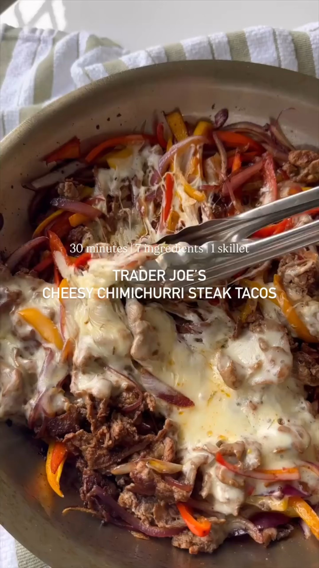 Your favorite recipe of 2025! Tacos!! 

easy, cheesy, & delicious 🤌🏻

ingredients:
1-1.5 lb trader joe’s shaved beef steak
1 red bell pepper, thinly sliced
1 yellow bell pepper, thinly sliced
1 small red onion, thinly sliced
1 tbsp olive oil
Trader Joe’s organic mini flour tortillas
Pepper Jack cheese
1 tsp taco seasoning
Trader Joe’s Chimichurri, for ganrish 
Salt, to taste
Pepper, to taste

instructions:
 1. Prepare the beef. In a skillet over medium-high heat, drizzle olive oil. Once hot, add the shaved beef and immediately season with salt, pepper, and taco seasoning.
2. Once the meat has started to brown, flip and sear the meat on the other side until the meat is cooked and slighty charred. Once cooked, remove the meat from the skillet and set aside.
 3. In that same skillet, add the sliced onion and bell pepper. Season with salt and pepper and sauté until soft and fragrant.
 4. Once the peppers and onions are sauteed, add the beef back intro the skillet. Mix to combine.
 5. Turn the heat to low and top with pepper jack cheese slices and cover the skillet for 3-5 minutes.
 6. Once the cheese is melted and bubbly, serve on warm tortillas and top with chimichurri to enjoy!


#LTKHome #LTKmomlife