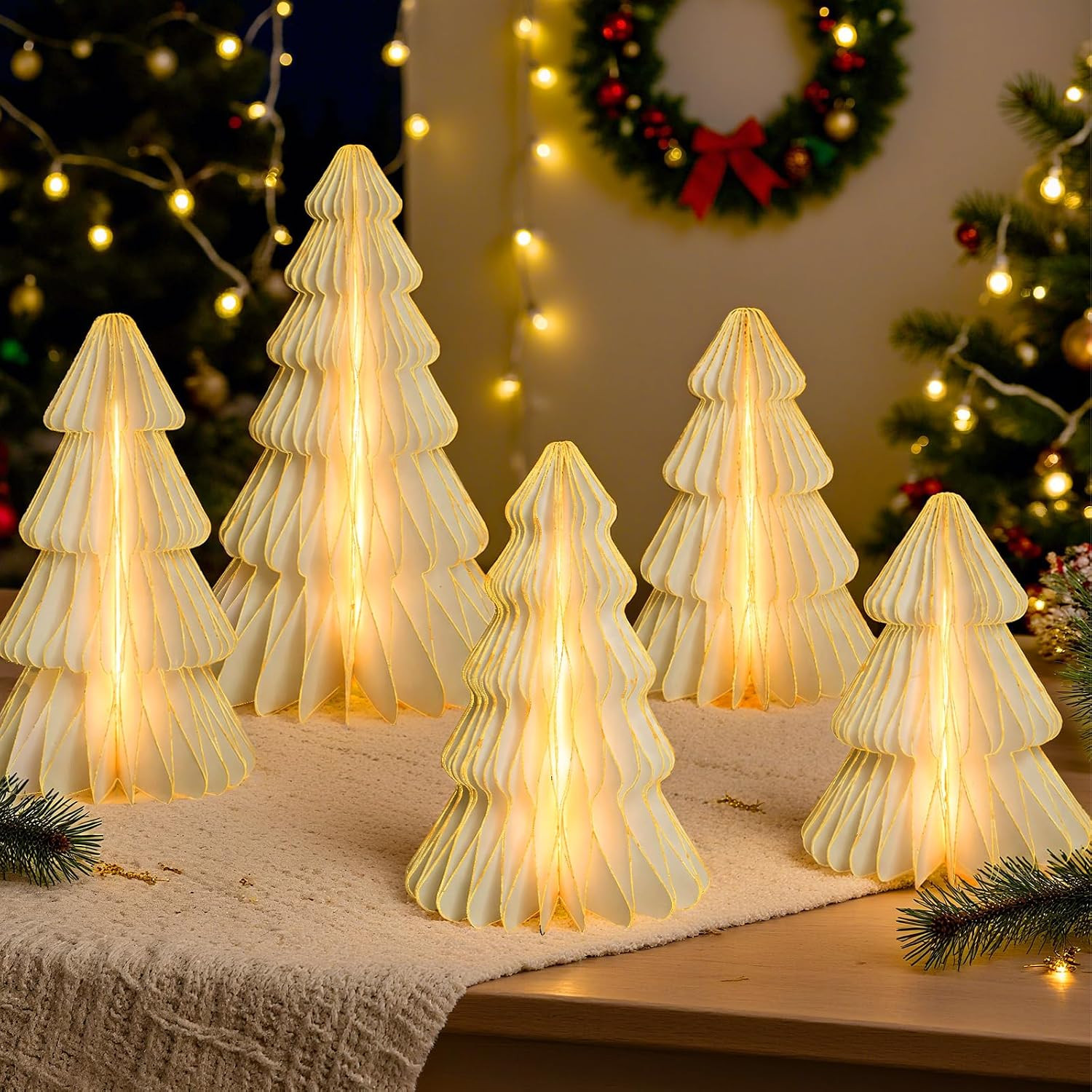 Christmas Table Decor, Lighted Honeycomb Paper Trees, 8-12 Inch, 5-Pc | Amazon (US)
