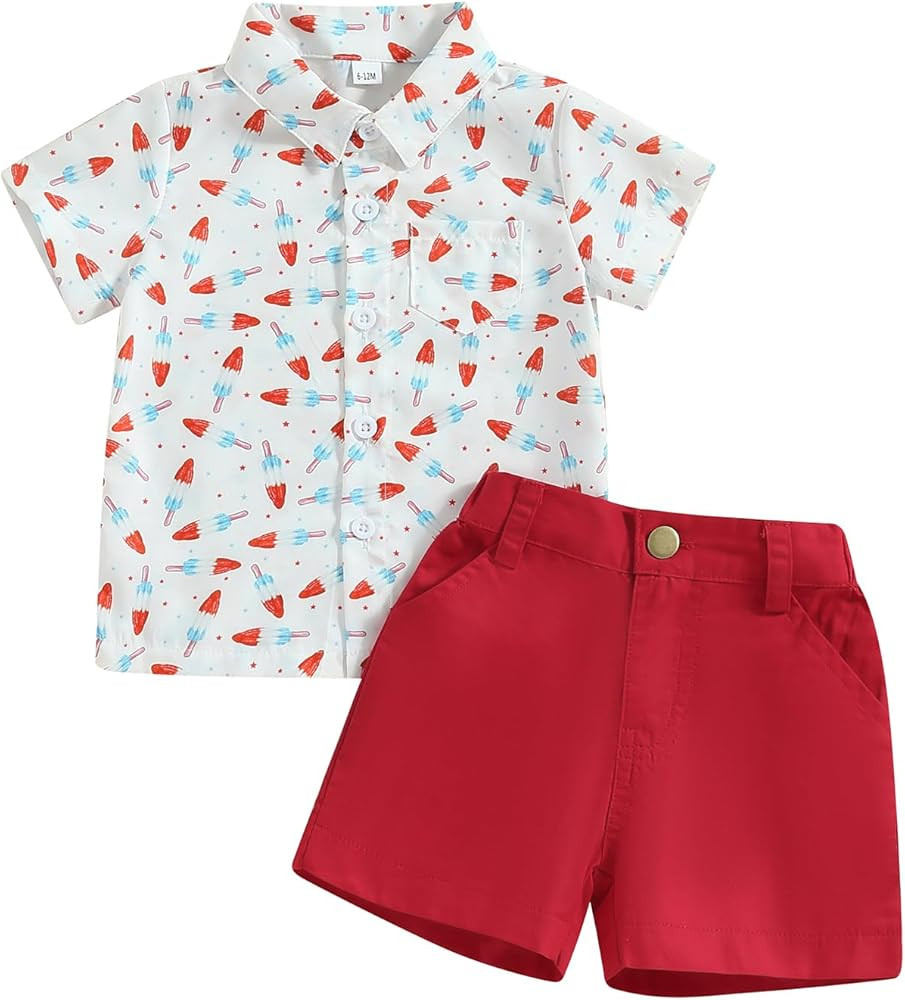 Kid Toddler Boys 4th of July Shorts Sets 2Pcs Independence Day Outfits Short Sleeve Button Up Shi... | Amazon (US)