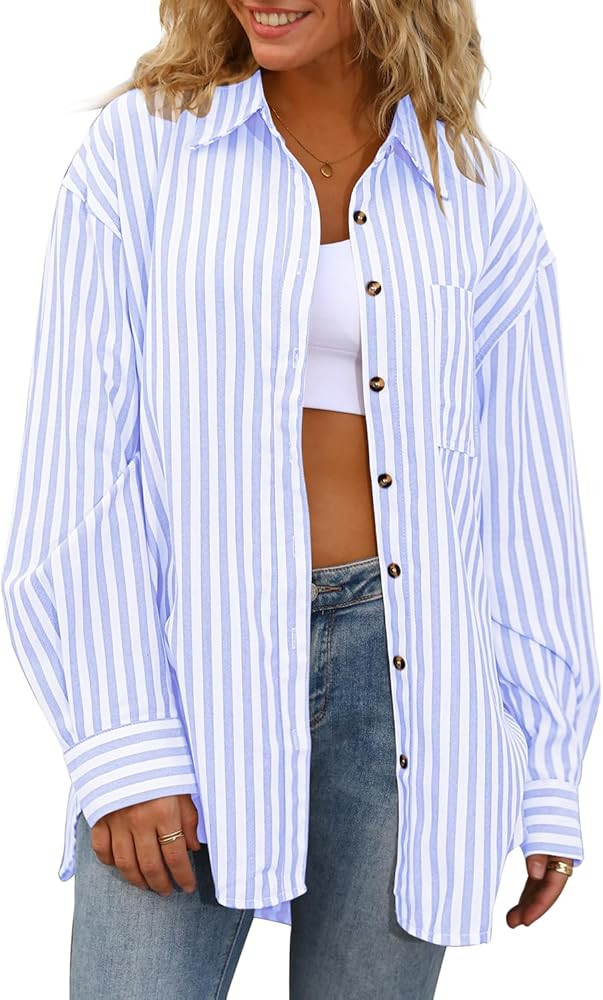 CHYRII Womens Striped Button Down Shirt Casual Long Sleeve Blouse Top | Amazon (US)