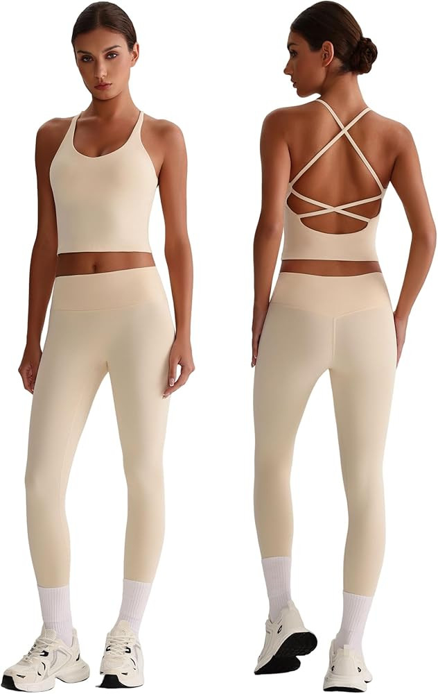 Women 2 Piece Workout Sets Padded Cross Back Crop Tank High Waist Tummy Control Active Leggings S... | Amazon (US)