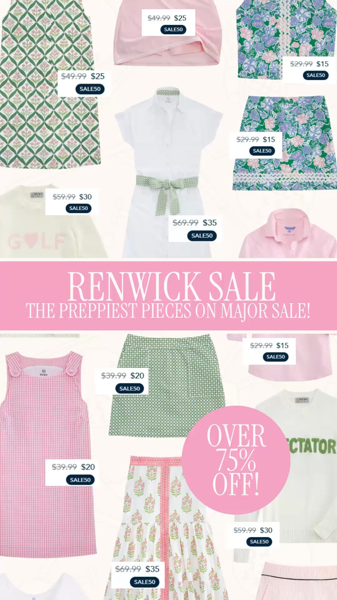 Renwick sale | preppy golf outfits | women’s golf clothes | tennis outfit | Lilly Pulitzer inspired style

Insane sale on one of my favorite preppy golf brands: Renwick sale pieces are already marked down, and the extra discount is shown at checkout.

Items are as low as $15, and the whole sale is full of colorful country club style: preppy golf dresses, golf skirts, tennis skirts, skorts, polos, sleeveless tops, gingham dresses, printed shorts, matching sets, golf sweaters, lightweight layers, pink and green prints, scallop details, and Lilly Pulitzer-style color stories for way less.

All sales are final, so this is one to check carefully before the best sizes move.

Strong finds for golf outfits, tennis outfits, pickleball outfits, resort outfits, country club outfits, vacation outfits, summer activewear, golf trips, tennis days, lake weekends, beach club outfits, resort lunches, Fourth of July weekend, warm-weather errands, and everyday preppy summer style.

Renwick sale, Renwick golf, Renwick golf clothes, women’s golf clothes, women’s golf outfits, golf outfit women, golf dress, golf skirt, golf skort, tennis outfit, tennis skirt, tennis dress, pickleball outfit, pickleball clothes women, preppy golf outfit, preppy tennis outfit, country club style, country club outfit, Lilly Pulitzer inspired, Lilly Pulitzer style, pink and green outfit, gingham dress, preppy dress, golf sweater, polo shirt women, printed shorts, skort outfit, summer activewear, resort outfit, vacation outfit, preppy style, sale finds, designer look for less

#LTKFindsUnder50 #GolfOutfit #TennisOutfit #PreppyStyle #LillyPulitzer #VacationOutfit #Renwick #GolfStyle #TennisDress #BlockprintDress

#LTKSaleAlert #LTKActive #LTKOver40