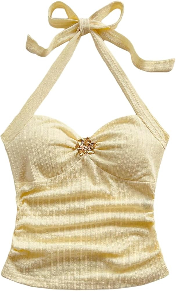 SOLY HUX Women's V Neck Halter Tops Open Back Y2k Ruched Floral Metal Summer Going Out Cami Tops | Amazon (US)