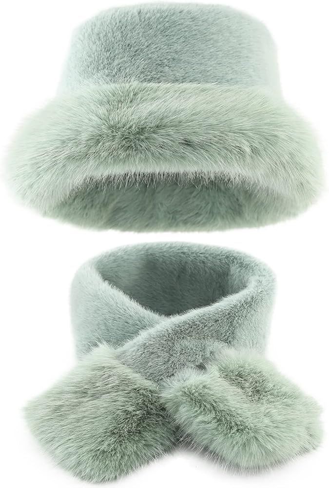 ZIYANGKELE Solid Women's Faux Fur Hat and Scaf Suit, Fluffy Bucket Hat and Scaf Suit, Comfortable... | Amazon (US)