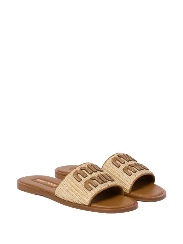 Miu Miu logo-patch Raffia Slides | Neutrals | FARFETCH UK | Farfetch (CN)