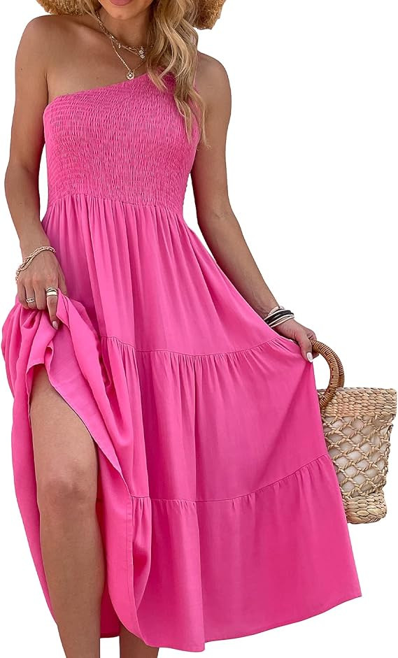 Women's One Shoulder Summer Casual Dresses Beach Vacation Travel Boho Sleeveless Smocked Maxi Lon... | Amazon (US)