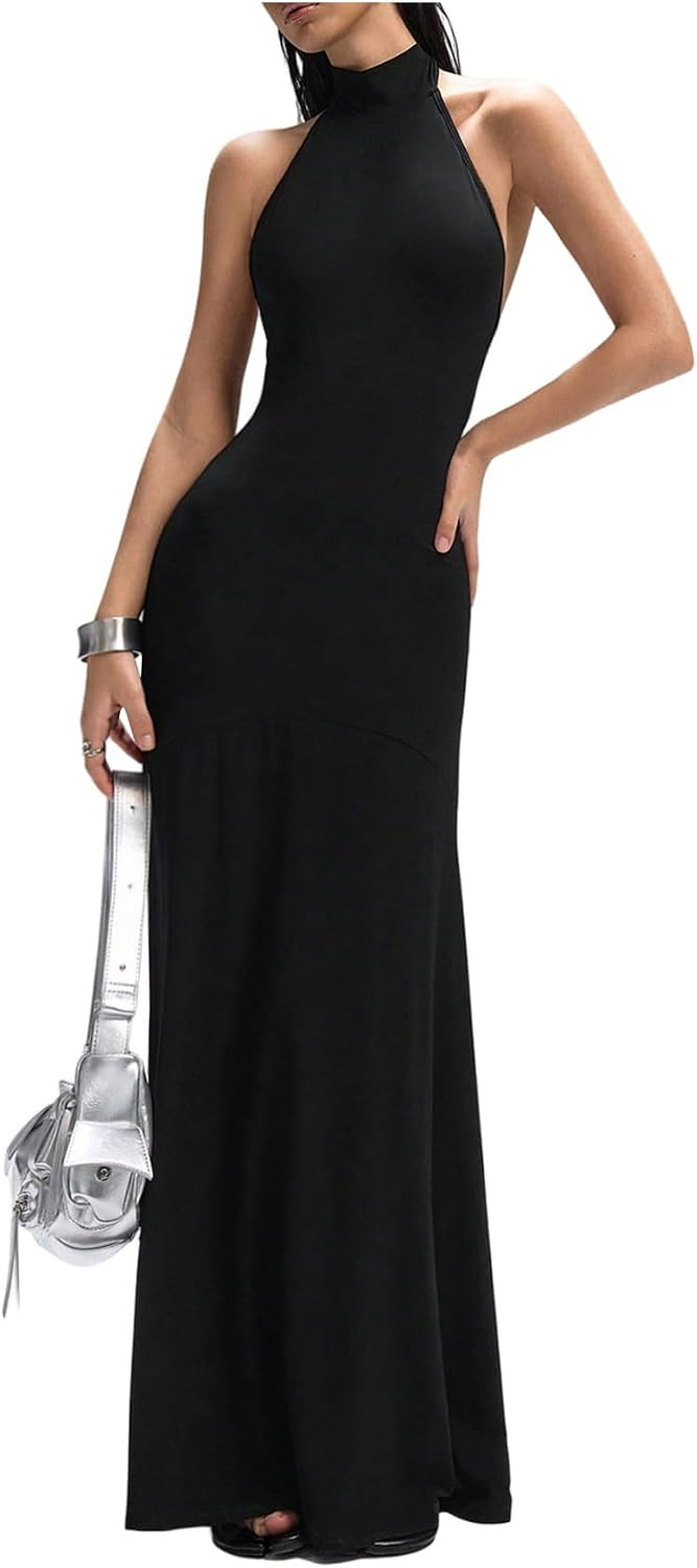 OYOANGLE Women's Y2K Backless Maxi Dress Sleeveless Mock Neck Halter Party Wedding Guest Dresses | Amazon (US)