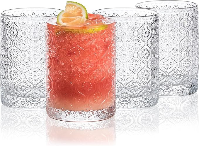 Glass Cups Vintage Glassware Set of 4, Drinking Glasses 9oz, Embossed Pattern Style Transparent C... | Amazon (US)