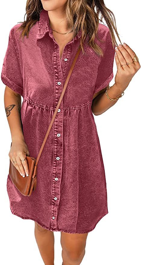 luvamia Women's Casual Short Sleeve Button Down Tiered Denim Babydoll Jean Dress | Amazon (US)