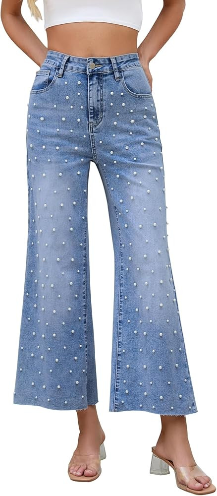 Kedera Womens Wide Leg Pearl Jeans High Waisted Cropped Denim Pants Casual Embellished Jeans with... | Amazon (US)