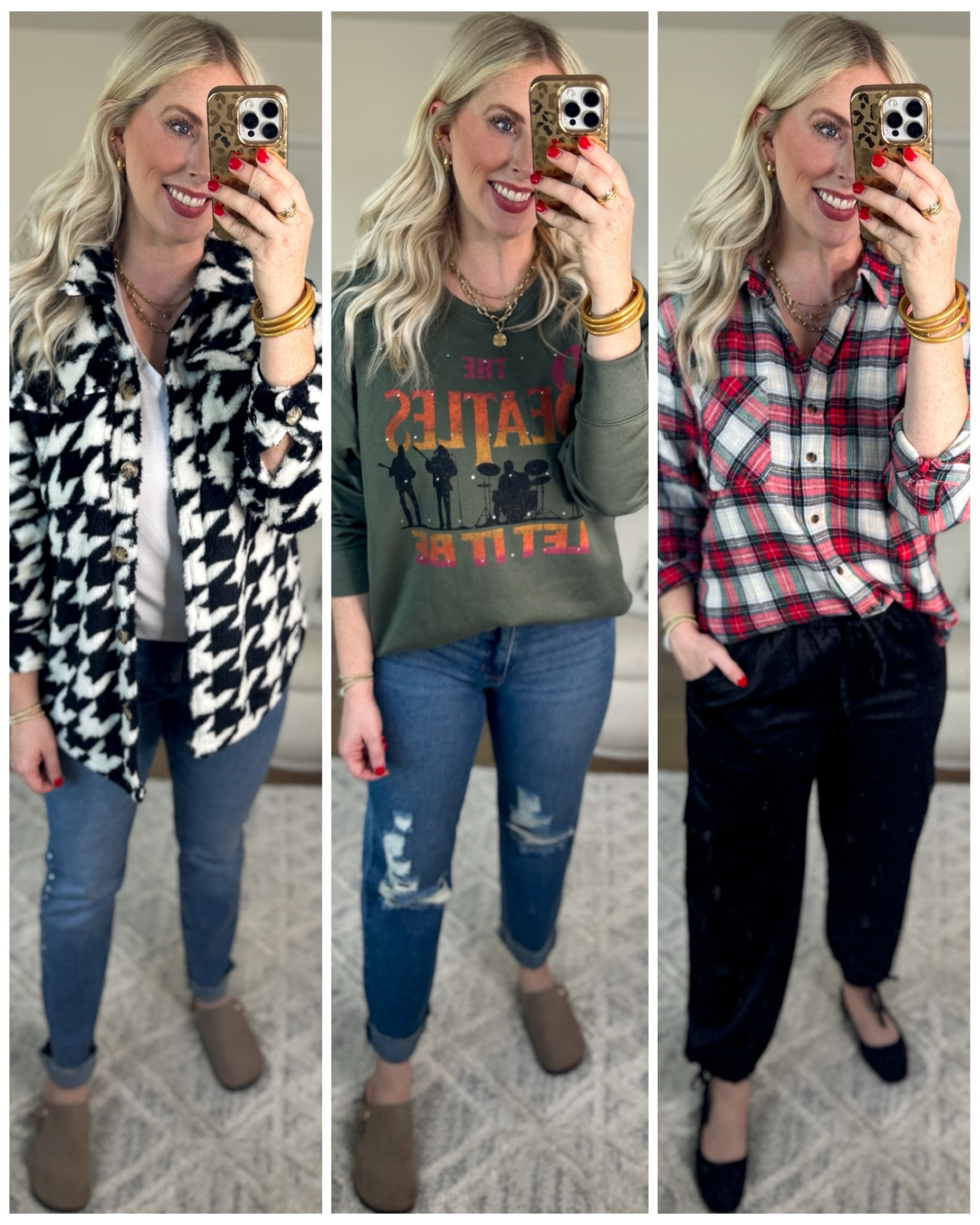 Daily try on, Walmart outfit, Walmart fashion, Walmart try on, time and tru, graphic sweatshirt, plaid flannel, houndstooth shacket 

#LTKFindsUnder50 #LTKStyleTip #LTKSeasonal